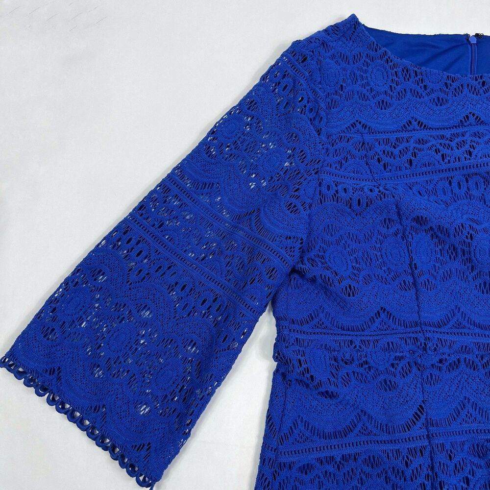 Chico’s 3 Cobalt Blue Crochet Lace 3/4 Sleeve  Knee Length Shift Dress Womens 16 - Picture 4 of 11